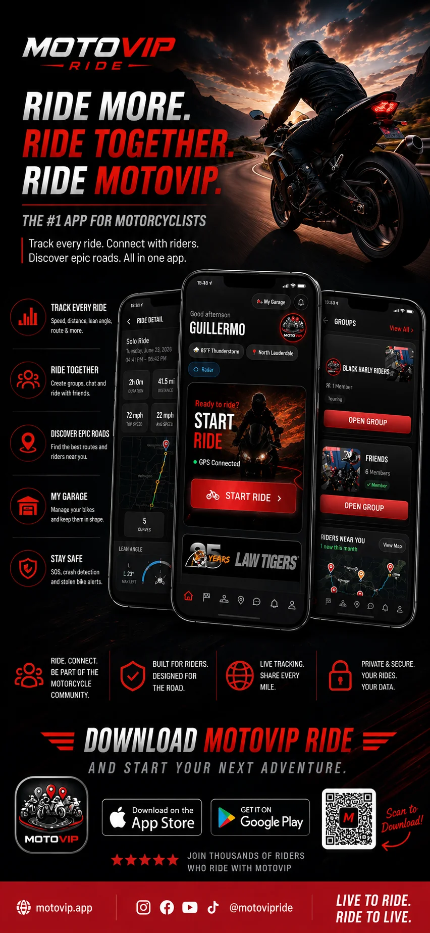 MotoVIP Ride — the all-in-one app for motorcyclists. Track rides, manage your bikes, and keep every detail in one place. Available on the App Store.